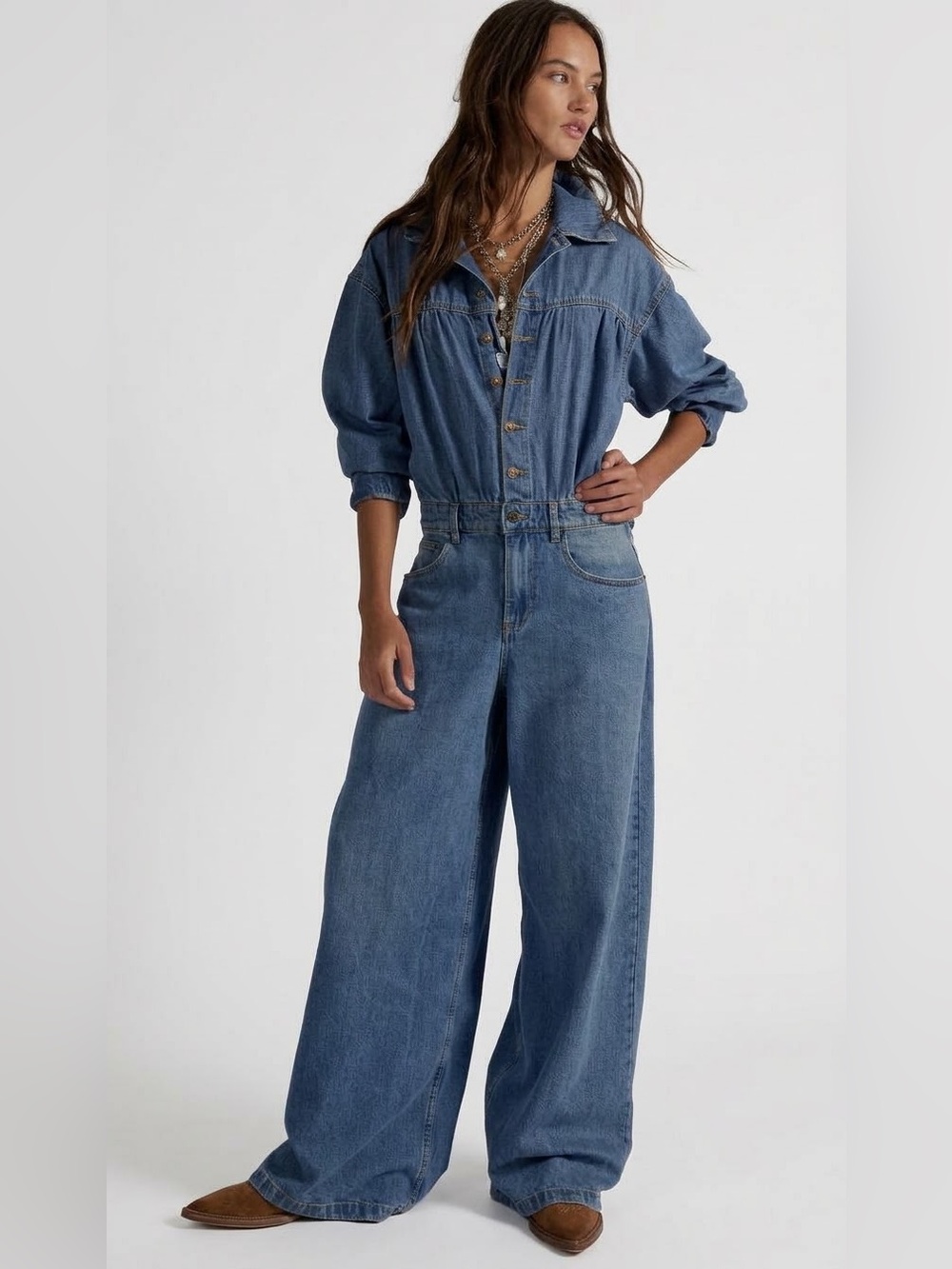 NWT Free People Carpe Diem Long Sleeve Denim Jumpsuit SZ XS